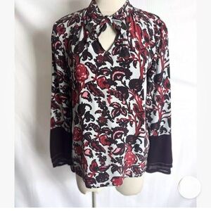 Donna‎ Karan New York Bohemian Floral Beaded 🐈‍⬛ Cat Bow Blouse Large